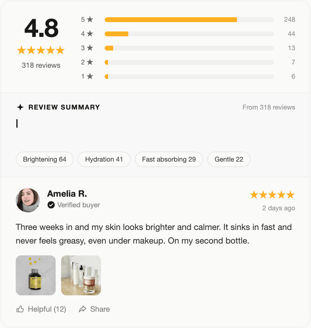 Quoli PDP review widget with QI Summaries and sentiment-driven attributes
